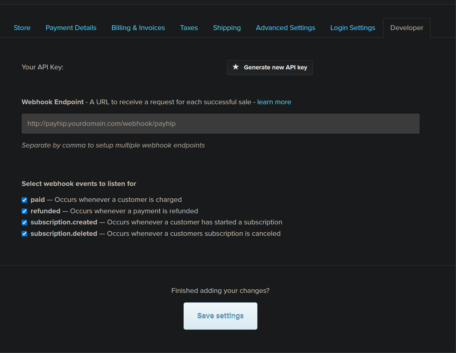 Payhip Settings Example